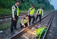 Anggota Polsek Kandeman dan petugas KAI tiba di lokasi kejadian warga setempat yang tewas terlindas kereta api di jalur KM 76+800 Desa Tegalsari, Senin (27/4/26).