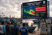 KNTI Kota Pekalongan mengusulkan penerapan early warning system (EWS) atau sistem peringatan dini cuaca berbasis digital yang terintegrasi dengan data BMKG berupa Videotron yang dipasang di lokasi area muara atau pintu keluar masuk kapal yang mudah terbaca oleh nelayan, Minggu (19/7/26). Foto : Ilustrasi AI